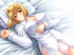  arcueid_brunestud bed blonde_hair blush breasts cleavage dress_shirt large_breasts lying miyai_sen panties red_eyes shirt short_hair solo tsukihime underwear 