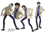  angry black_eyes black_hair character_sheet cinderella_boy clenched_teeth fighting_stance formal from_behind hand_on_hip hinamatsuri_ranma jacket kobayashi_toshimitsu male_focus messy_hair multiple_views necktie official_art sideburns simple_background smile smirk suit teeth turnaround upper_body 