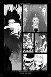  androgynous cave character_request comic crazy_eyes farllee greyscale head_tilt looking_at_viewer miwa_shirou monochrome monster muzz open_mouth outdoors short_hair smile standing upper_body 