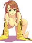  all_fours barefoot bottomless braid breasts brown_hair glasses green_eyes hanging_breasts kizaki large_breasts long_hair naked_shirt nipples no_bra nude open_clothes open_shirt shion_uzuki shirt single_braid sleeves_past_wrists solo xenosaga 