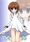  blue_eyes blush brown_hair cross_(crossryou) dress dress_in_mouth dress_lift hair_ornament hairclip kneeling lyrical_nanoha mahou_shoujo_lyrical_nanoha mouth_hold panties pink_panties polka_dot short_hair socks solo thigh_gap underwear x_hair_ornament yagami_hayate 