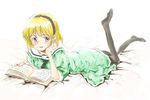  artist_request blonde_hair blush book dress higurashi_no_naku_koro_ni houjou_satoko pantyhose purple_eyes sailor_dress short_hair solo 