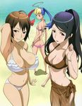  absurdres ahoge ass beach bikini breasts brown_sarong butt_crack day highres huge_breasts large_breasts legs lips lowleg maria_(witchblade) multicolored_hair multiple_girls ocean pink_bikini ponytail print_sarong sarong soho_reina swimsuit tsuzuki_shiori twintails uno_makoto white_bikini witchblade 