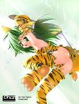  animal_ears animal_print boomerang cat_ears cham_cham earrings fang gloves green_eyes green_hair highres jewelry kazami_haruki no_panties paw_gloves paw_shoes paws samurai_spirits shoes snk solo tail tiger_print torn_clothes 