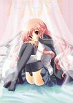  bed cape curtains leg_hug long_hair louise_francoise_le_blanc_de_la_valliere non-web_source panties pantyshot pink_eyes pink_hair sitting solo thighhighs underwear zero_no_tsukaima 