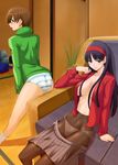 amagi_yukiko arm_support ass back black_hair blood blue_panties blush bow bow_panties breasts brown_hair death hairband hands_on_thighs highres kuma_(persona_4) lace lace-trimmed_panties large_breasts leaning_back leaning_forward long_hair looking_back multiple_girls murder no_bra no_pants open_clothes open_shirt open_skirt panties panties_under_pantyhose pantyhose persona persona_4 satonaka_chie shirt short_hair sitting skirt skirt_pull striped striped_panties taru_neko underwear white_legwear white_panties 