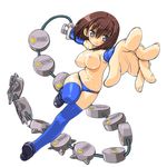  80s bangs blue_bikini_bottom blue_legwear blue_sleeves breasts brown_hair chain_mine dd_(ijigendd) detached_sleeves eyebrows_visible_through_hair foreshortening grey_eyes gundam gundam_0080 kampfer_(mobile_suit) large_breasts loafers looking_at_viewer navel nipples o-ring o-ring_bottom oldschool outstretched_arms panties personification shoes short_hair simple_background solo thighhighs topless unaligned_breasts underwear weapon white_background 