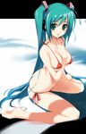  bikini blush breasts butt_crack covered_nipples green_eyes green_hair hatsune_miku hima large_breasts long_hair side-tie_bikini sitting smile solo swimsuit twintails vocaloid 