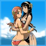  armlet bangle bikini black_hair blush bracelet breast_press breasts butt_crack earrings flower hair_flower hair_ornament highres jewelry kakkii large_breasts long_hair looking_at_viewer multiple_girls nami_(one_piece) nico_robin one_piece orange_hair pendant short_hair side-tie_bikini swimsuit symmetrical_docking undressing yuri 