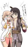  1girl blush breasts estellise_sidos_heurassein gloves green_eyes medium_breasts miyakodori_takayuki short_hair sweat sword tales_of_(series) tales_of_vesperia translated weapon yuri_lowell 