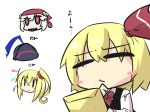  1boy 3girls berserker_(fate/zero) blonde_hair blush_stickers chibi comic commentary_request envelope eyebrows_visible_through_hair fate/zero fate_(series) flan-maman flandre_scarlet goma_(gomasamune) hair_between_eyes hair_ornament hair_ribbon hair_scrunchie hand_on_own_chin helmet highres horns kantai_collection kerchief long_sleeves midway_hime multiple_girls red_eyes ribbon rumia scrunchie side_ponytail smile touhou translation_request vest white_background white_hair wings 