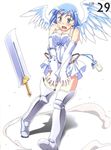  angel angel_wings artbook asymmetrical_wings bare_shoulders blue_hair blush boots breasts cleavage elbow_gloves gloves green_eyes highres kuuchuu_yousai large_breasts miniskirt nanael open_mouth panties queen's_blade scan short_hair skirt solo sword thighhighs underwear weapon wings 