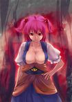  akino_komichi aura breasts center_opening cleavage hair_bobbles hair_ornament hand_on_hip large_breasts nipple_slip nipples onozuka_komachi pink_hair red_eyes smile solo touhou two_side_up 