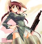  animal_ears breasts brown_hair gertrud_barkhorn gun juusensha_koubou lowres machine_gun medium_breasts mg42 no_pants panties solo strike_witches twintails underwear weapon world_witches_series yellow_eyes 