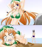  ? armpits arms_up beach bikini blue_eyes breasts comic day engo_(aquawatery) hat hong_meiling izayoi_sakuya knife knifed medium_breasts multiple_girls outdoors red_hair ribbon silent_comic silver_hair swimsuit text_in_mouth touhou 