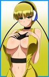 bare_shoulders blonde_hair blush breast_suppress breasts choker cleavage green_eyes highres huge_breasts kamitsure_(pokemon) navel pepo_(absolute1123) pokemon pokemon_(game) pokemon_bw solo 