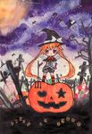 bad_id bad_pixiv_id graveyard halloween hat highres jack-o'-lantern mocomoco original pumpkin solo traditional_media trick_or_treat typo watercolor_(medium) witch witch_hat 