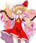  ^_^ ascot beckoning blonde_hair closed_eyes fang flandre_scarlet flower hat outstretched_arm outstretched_hand ponytail short_hair side_ponytail smile solo thighhighs touhou wings yamasan 