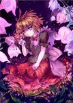  ascot blonde_hair blue_eyes bow dress flower frills hair_bow kneeling lily_of_the_valley medicine_melancholy nine_(suifla) purple purple_background red_dress serious short_hair size_difference solo su-san touhou 