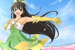  armpits bad_id bad_pixiv_id bare_shoulders black_hair blue_eyes dress earrings elbow_gloves field flower flower_field ganaha_hibiki gloves hoop_earrings idolmaster idolmaster_(classic) jewelry long_hair open_mouth outstretched_arms petals ponytail punto smile solo spread_arms vital_sunflower 