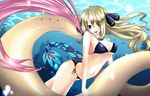  bad_id bad_pixiv_id bikini blonde_hair blue_eyes blush breasts cleavage gen_3_pokemon hair_ornament large_breasts long_hair looking_at_viewer milotic navel open_mouth pokemon pokemon_(creature) pokemon_(game) pokemon_dppt shirona_(pokemon) side-tie_bikini smile strap_gap swimsuit underwater walkure 