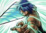  blue_hair claw_pose drill fighting_stance male_focus romamu shirtless simon solo spiral_power tengen_toppa_gurren_lagann 