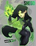  1girl absurdres artist_name asymmetrical_gloves black_bodysuit black_gloves black_hair bodysuit boomyart breasts colored_skin fire gloves green_bodysuit green_eyes green_fire green_gloves green_skin highres kim_possible_(series) large_breasts long_hair looking_at_viewer mismatched_gloves shego solo two-tone_bodysuit zoom_layer 
