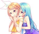  aobara blonde_hair blue_eyes blue_hair hair_down hair_ornament hairclip hatsune_miku kagamine_rin licking long_hair midriff multiple_girls short_hair simple_background vocaloid yuri 