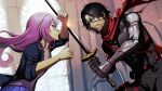  1boy 1girl 364ing01 absurdres android angry black_hair blue_eyes body_markings bodysuit church clash commission eyepatch facial_hair goatee harness highres long_hair mechanical_arms original purple_hair red_scarf robot_girl scarf single_mechanical_arm skeb_commission skirt sparks sword weapon window 