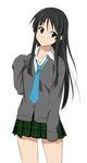  akiyama_mio black_eyes black_hair cardigan fukuoka_katsumi head_tilt k-on! long_hair looking_back necktie plaid plaid_skirt skirt solo 