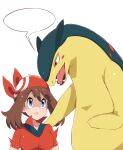 2024 2024_pokemon_gigaleak absurd_res ambiguous_anthro ambiguous_gender anthro big_breasts black_clothing black_shirt black_topwear blue_eyes blush blush_stickers breasts brown_hair clothed_female clothed_human clothing duo eyelashes fangs female female_human fur generation_2_pokemon hair half-closed_eyes hand_on_shoulder headgear headkerchief headwear hi_res human kerchief light_body light_skin long_hair looking_up mammal may_(pokemon) mouth_closed multicolored_body multicolored_clothing multicolored_fur multicolored_kerchief multicolored_shirt multicolored_topwear mustelid narrowed_eyes nintendo open_mouth pink_tongue pokemon pokemon_(species) red_clothing red_eyes red_headkerchief red_kerchief red_shirt red_topwear scared shirt short_sleeves simple_background snout sombra222 speech_bubble teal_body teal_ears teal_fur teeth tongue topwear tow_tone_headkerchief two_tone_body two_tone_clothing two_tone_fur two_tone_headkerchief two_tone_kerchief two_tone_shirt two_tone_topwear typhlosion white_background white_headkerchief white_kerchief yellow_body yellow_fur