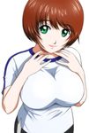  breast_squeeze breasts brown_hair green_eyes gym_uniform large_breasts lipstick makeup shirt shopyun short_hair simple_background smile solo t-shirt taut_clothes taut_shirt tokimeki_memorial tokimeki_memorial_4 yanagi_fumiko 