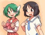  2girls beachepisode black_hair blush bow bowtie crossover green_eyes green_hair hand_on_own_chest highres long_sleeves looking_at_another looking_to_the_side multi_(to_heart) multiple_girls neckerchief nichijou open_mouth robot_ears school_uniform serafuku shinonome_nano short_hair short_sleeves smile to_heart_(series) trait_connection winding_key 