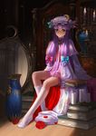  bespectacled book candle crescent glasses hat legs long_hair mirror patchouli_knowledge purple_eyes purple_hair saber_01 sitting socks solo touhou vase 
