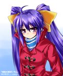  blush hair_ribbon highres hikawa_kutsuki iseno_yajin jacket momoiro_taisen_pairon pink_eyes purple_hair ribbon scarf solo striped striped_scarf twintails 
