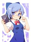  &gt;:) bespectacled blue_eyes blue_hair blush book bow bowtie cirno glasses hands highres interlocked_mars_and_venus_symbols mars_symbol notebook rokushou_kokuu short_hair simple_background smile snowflakes solo touhou v-shaped_eyebrows venus_symbol 