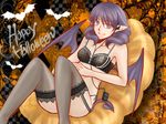  bad_id bad_pixiv_id bat_wings bra demon_girl demon_tail digital_media_player earphones garter_belt garters halloween happy_halloween heart lingerie moko_(sato0315) mole mole_under_eye original pointy_ears purple_eyes purple_hair smile solo tail thighhighs underwear wings 