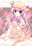  :o azumi_kazuki blush cloak crescent english flower hat long_hair long_sleeves patchouli_knowledge pink_flower pink_rose purple_eyes purple_hair rose solo thighhighs touhou white_legwear zettai_ryouiki 