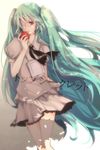  apple bad_id bad_pixiv_id bandage_over_one_eye food fruit green_hair hatsune_miku highres lips long_hair red_eyes skirt solo top_secret_(vocaloid) very_long_hair vocaloid zukiyuki 