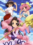  absurdres antenna_hair black_hair blush boots bow broom brown_eyes cloud day elysia_de_lute_ima gym_uniform hair_bow hairband highres kami_nomi_zo_shiru_sekai long_hair looking_back microphone multiple_girls nakagawa_kanon official_art open_mouth pink_eyes pink_hair pink_legwear ponytail purple_eyes shirt short_hair shorts sky suwa_masahiro takahara_ayumi thighhighs white_legwear 