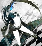  black_hair black_rock_shooter black_rock_shooter_(character) blue_eyes boots burning_eye coat highres long_hair midriff navel pale_skin scar sha shorts solo sword twintails very_long_hair weapon 