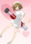  alternate_hairstyle bad_id bad_pixiv_id blood brown_eyes brown_hair bun-o k-on! large_syringe legs nurse oversized_object sandals short_hair solo syringe tainaka_ritsu 