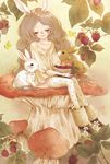  animal_ears blush boots bracelet bug bunny bunny_ears butterfly closed_eyes dress facing_viewer flower flower_wreath food fruit fur head_wreath insect jewelry long_hair mushroom original polka_dot polka_dot_legwear raspberry shindog sitting smile solo thighhighs very_long_hair 