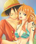  1girl absurdres bikini_top breasts hat highres himerinco large_breasts long_hair monkey_d_luffy nami_(one_piece) one_piece open_mouth orange_hair red_eyes scar straw_hat tattoo upper_body 