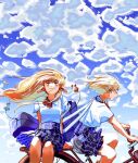  2girls ascot bag bicycle black_skirt blonde_hair blue_sky charm_(object) closed_eyes cloud collared_shirt commentary contemporary dungeon_meshi elf english_commentary falin_touden floating_hair green_eyes highres im_vess light_blush light_brown_hair light_smile long_hair looking_up marcille_donato medium_hair miniskirt multiple_girls pleated_skirt pointy_ears red_ascot riding riding_bicycle school_bag school_uniform shirt short_sleeves sitting skirt sky walking_mushroom_(dungeon_meshi) white_shirt 