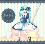  ahoge bad_id bad_pixiv_id blue_eyes blue_hair choker dress finger_in_mouth food fruit hair_ribbon hatsune_miku highres in_food long_hair macaron minigirl orange_peko pantyhose pastry ribbon sitting solo strawberry sugar_cube twintails very_long_hair vocaloid wrist_cuffs 