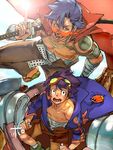  bandages blue_hair boota cape goggles goggles_on_head highres illa jacket kamina katana lagann lens_flare male_focus multiple_boys perspective red_eyes sandals shirtless shorts simon sunglasses sword tattoo tengen_toppa_gurren_lagann weapon 