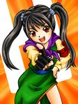  alest_lusia armband black_hair chinese_clothes dragon_quest dragon_quest_iii fighter_(dq3) fingerless_gloves gloves hand_on_hip long_hair open_mouth parody red_eyes solo suzumiya_haruhi_no_yuuutsu twintails 