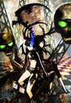  bikini_top black_hair black_rock_shooter black_rock_shooter_(character) blue_eyes boots coat dead_master green_eyes highres horns long_hair midriff multiple_girls navel pale_skin scar shorts skull sword twintails weapon wyx2 