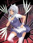  braid highres houtengeki izayoi_sakuya knife maid maid_headdress red_eyes short_hair silver_hair solo thighhighs touhou twin_braids 